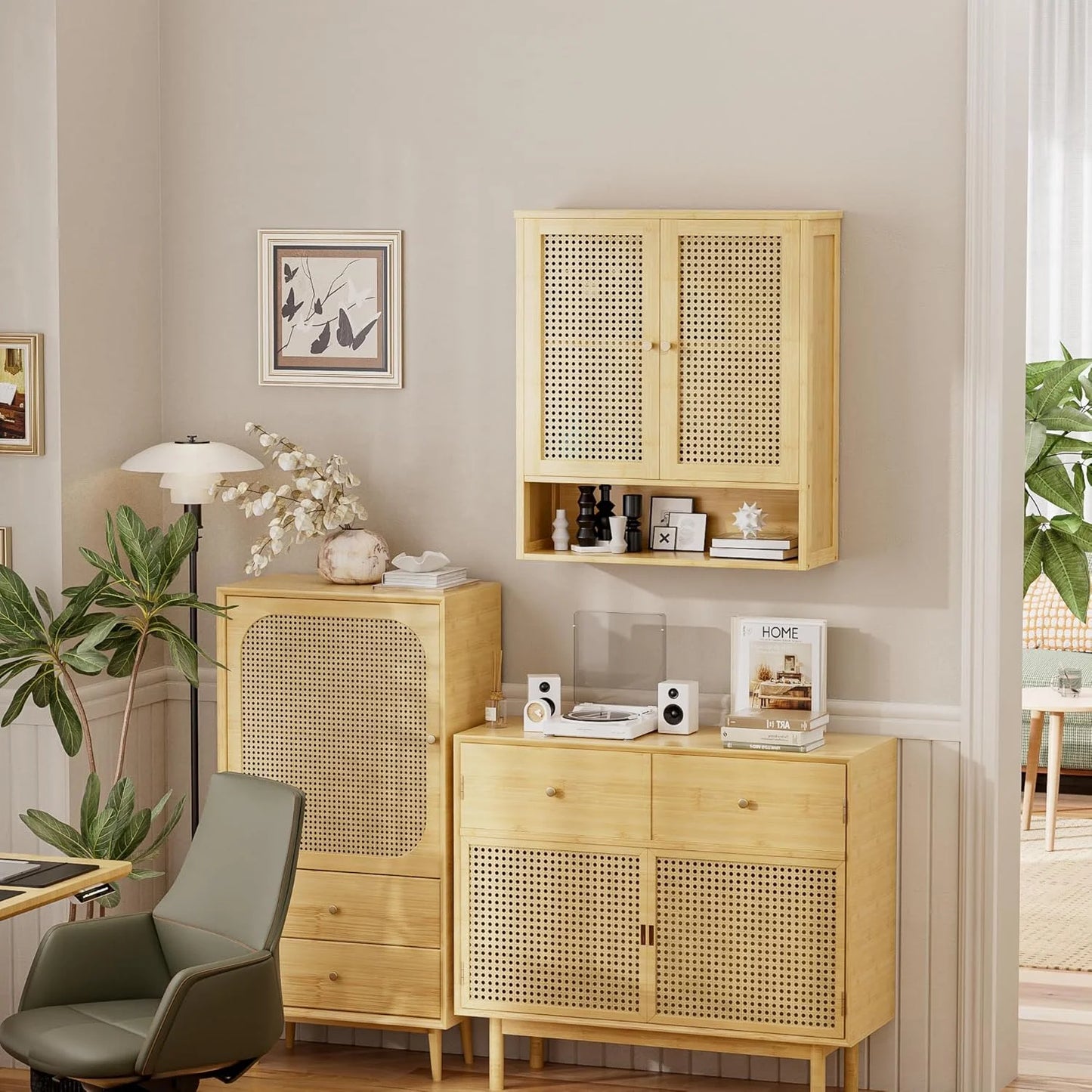 Bathroom Wall Cabinet, Bamboo Over-The-Toilet Storage Organizer with 2 Rattan Doors and Adjustable Shelf, Space Saver Medicine Cabinet for Laundry, Kitchen, Living Room (Natural)