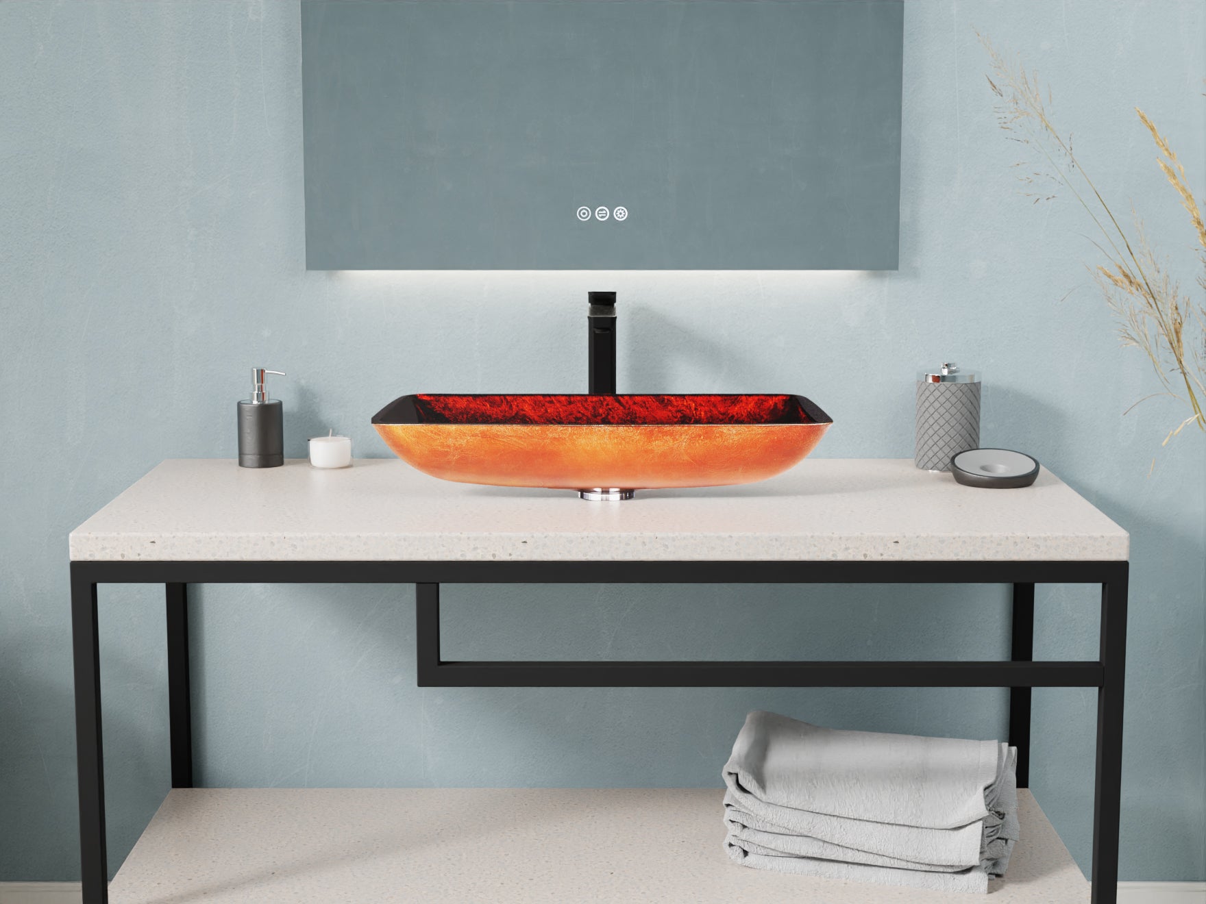 Paradiso Rectangle Glass Vessel Bathroom Sink with Celestial Bronze Finish