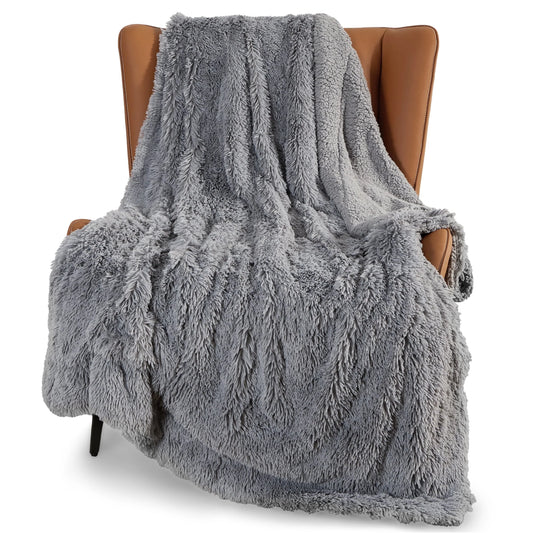 Bedsure Faux Fur Twin Blankets Grey - Fluffy Blankets & Throws Shaggy Faux Fur Blanket, 60x80 Inches