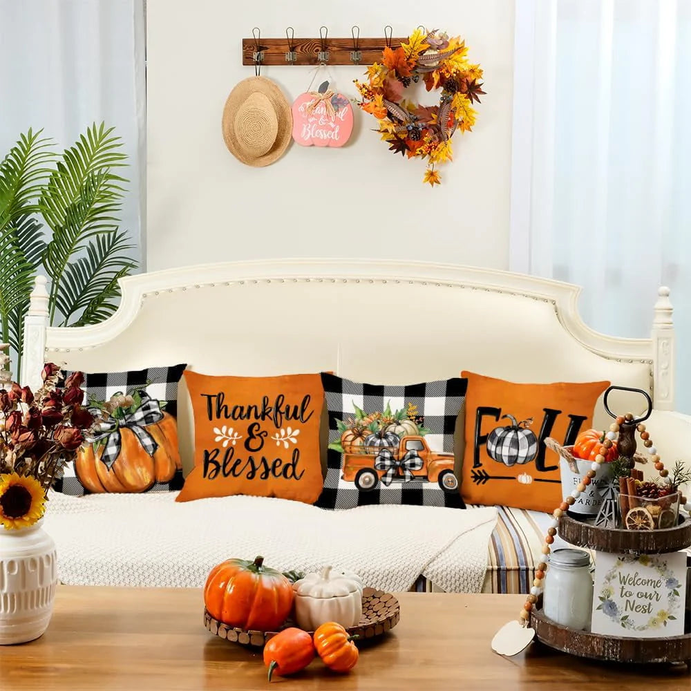 LONGRV Fall Decorative Throw Pillow Covers 18 x 18 Inch Set of 4, Pumpkins Thankful Blessed Buffalo Plaid Fall Decor Outdoor Farmhouse Pillow Cases for Home Couch (Orange Color)