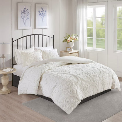 3 Piece Set Duvet Cover King Size, Soft Tufted Cotton Chenille Duvet Cover Set with 2 Pillow Shams and Corner ties, Breathable Bedding Comforter Cover for All Season, Off White