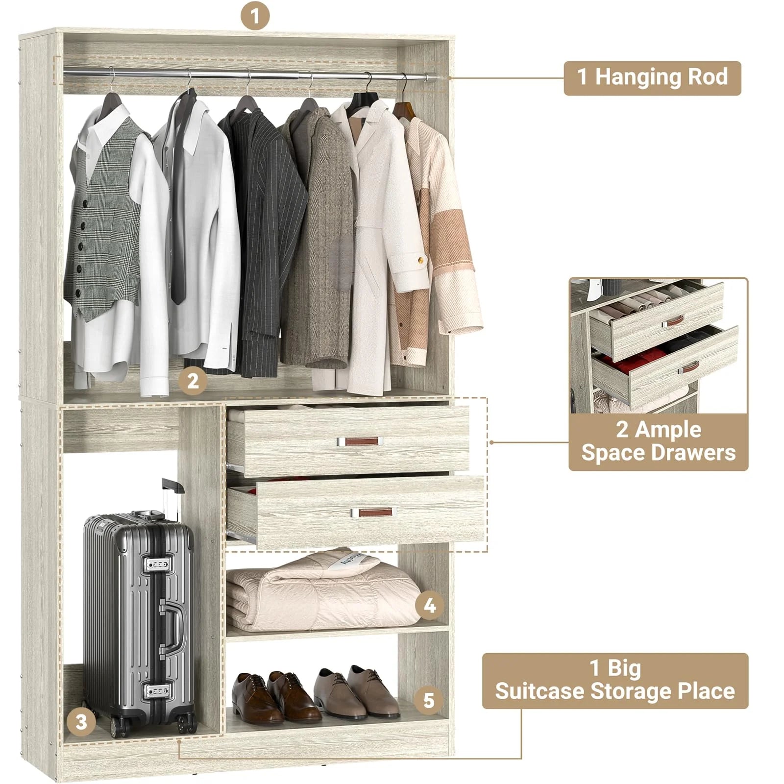 Homieasy Freestanding Closet System with Suitcase Storage, 40 Inches Stand-alone Wardrobe with 2 Wood Drawers, 80'' Height Adjustable Cloth Garment Rack, Walk-in Closet with Hanging Rod, White