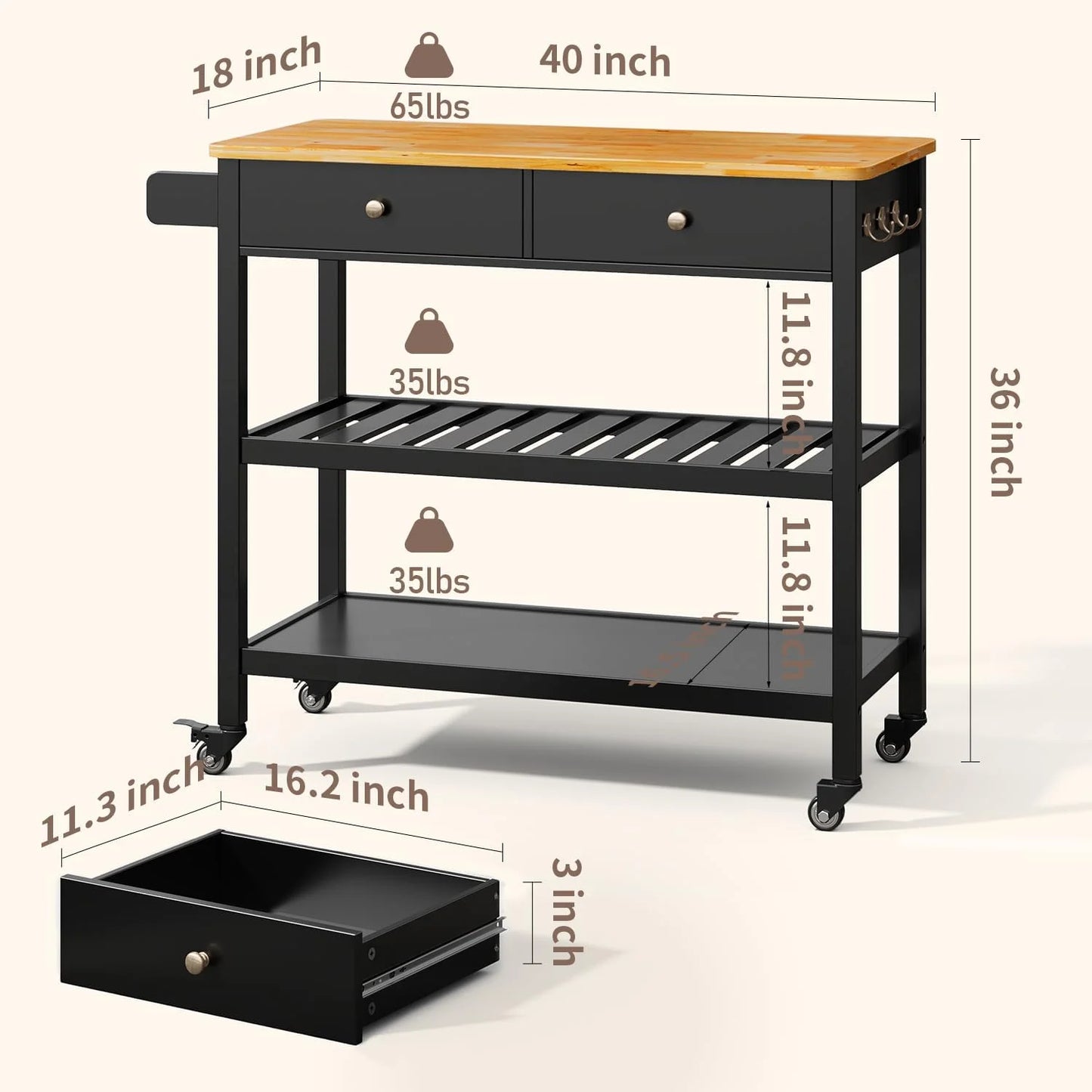 AIZYT Kitchen Island Cart with Storage, 40° Wooden Top, 2 Tiers Spacious Shelves and Towel Bar, 2 Drawer Mobile Trolley Cart On Metal Wheels with Hooks for Dining Room, Bar, Outdoor, Black