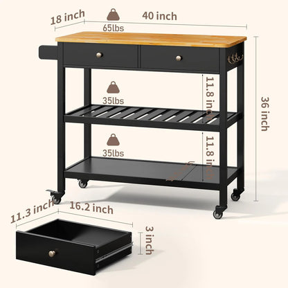 AIZYT Kitchen Island Cart with Storage, 40° Wooden Top, 2 Tiers Spacious Shelves and Towel Bar, 2 Drawer Mobile Trolley Cart On Metal Wheels with Hooks for Dining Room, Bar, Outdoor, Black