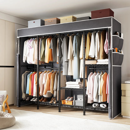 EnHomee 76"W Clothes Rack with Cover,1100LBS Heavy Duty Wardrobe Closet Organizer,Adjustable Portable ClosetBlack