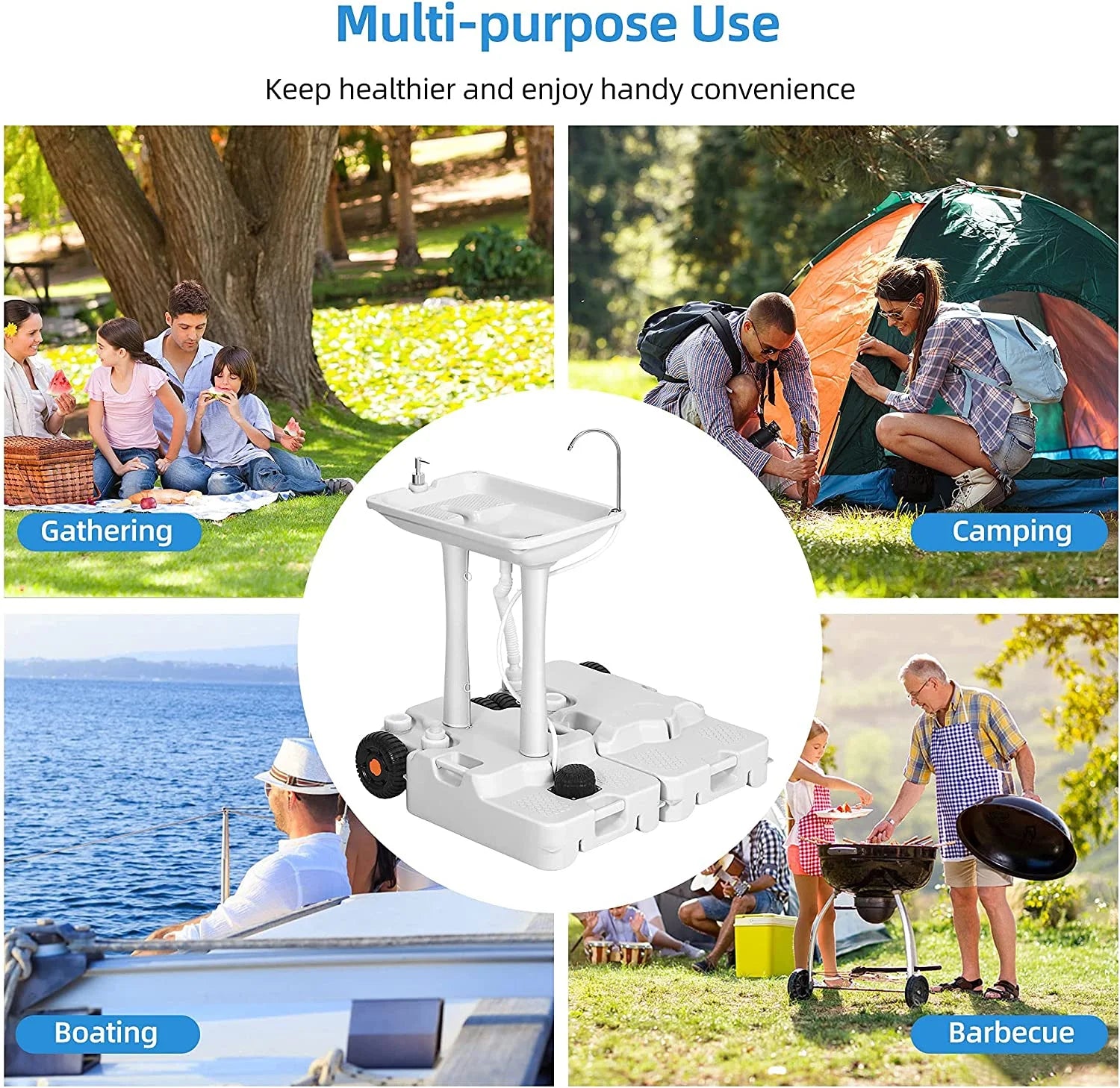 Portable Sink Camping 30 L with Rolling Wheels, Hand Washing Station with 30 L Sewage Tank, Rolling Wheels, Soap Dispenser, Towel Holder, Ideal for Outdoor, White