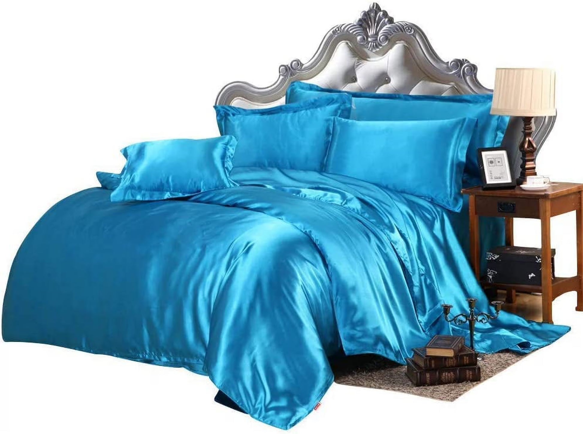 Vuvet Bedding 100% Pure Silk Satin Sheet Set 7pcs, Silk Fitted Sheet 15'' Deep Pocket,Silk Flat Sheet,Silk Duvet Cover & Pillowcases Set !!! Twin, Aqua Blue