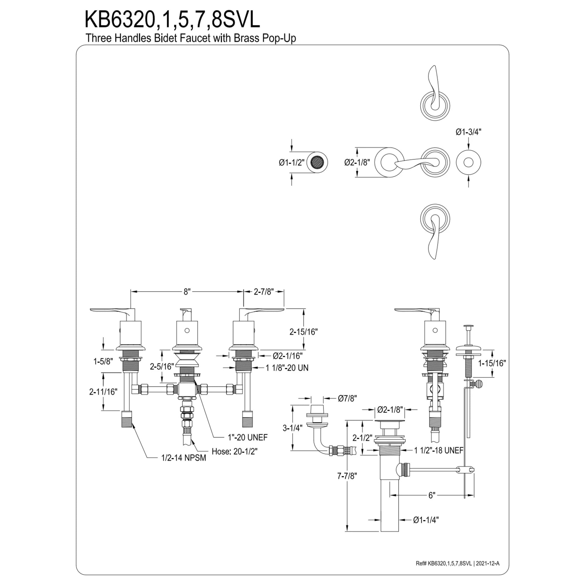 Kingston Brass KB6327SVL Serena Three-Handle Bidet Faucet with Brass Pop-Up, Brushed Brass