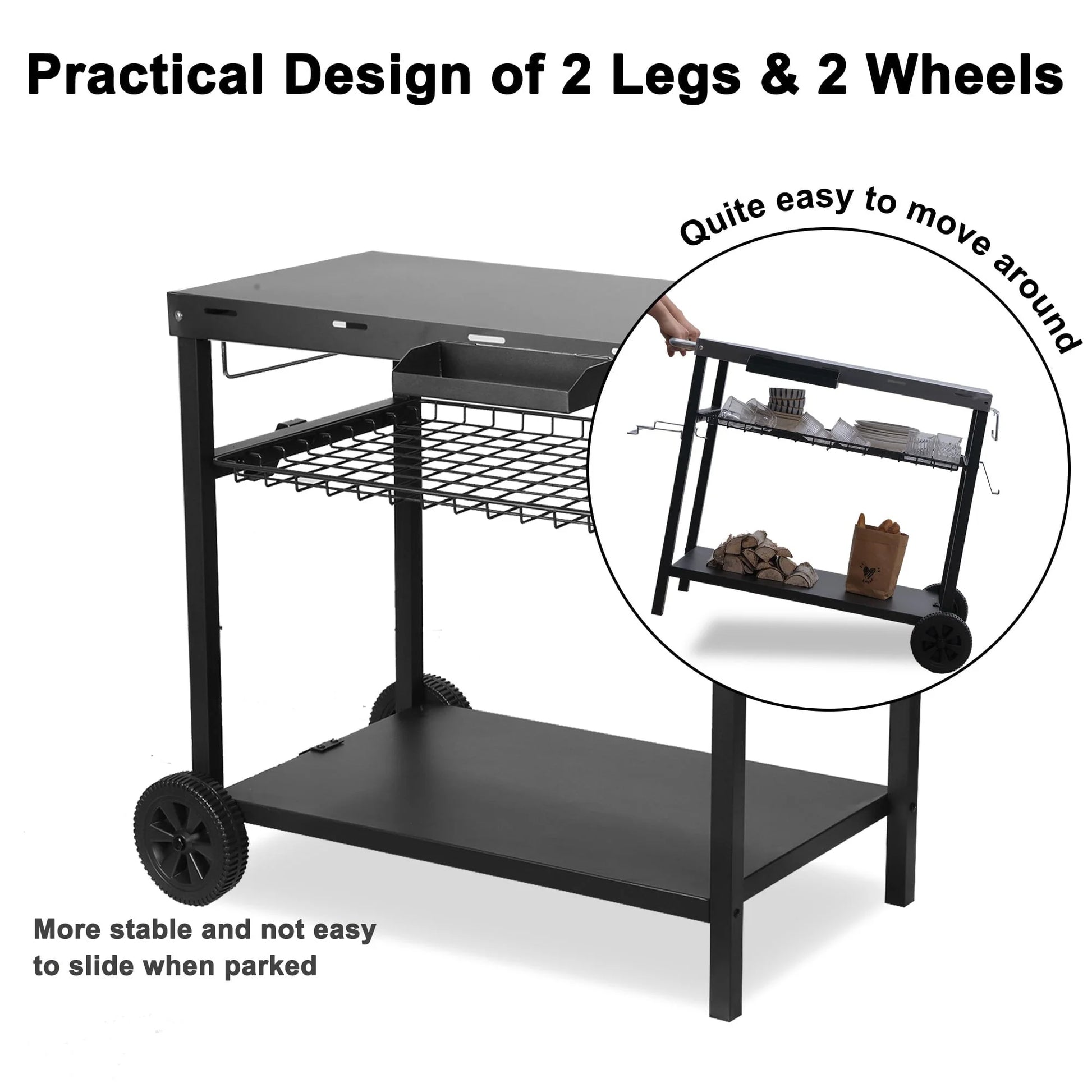 Grill Cart, Pizza Oven Stand, Outdoor bbq Prep Station with Storage, Wheel, Hook, Handle, Black Steel Tabletop, Garbage Bag Holder, Paper Towel Holder, Movable Spice Rack