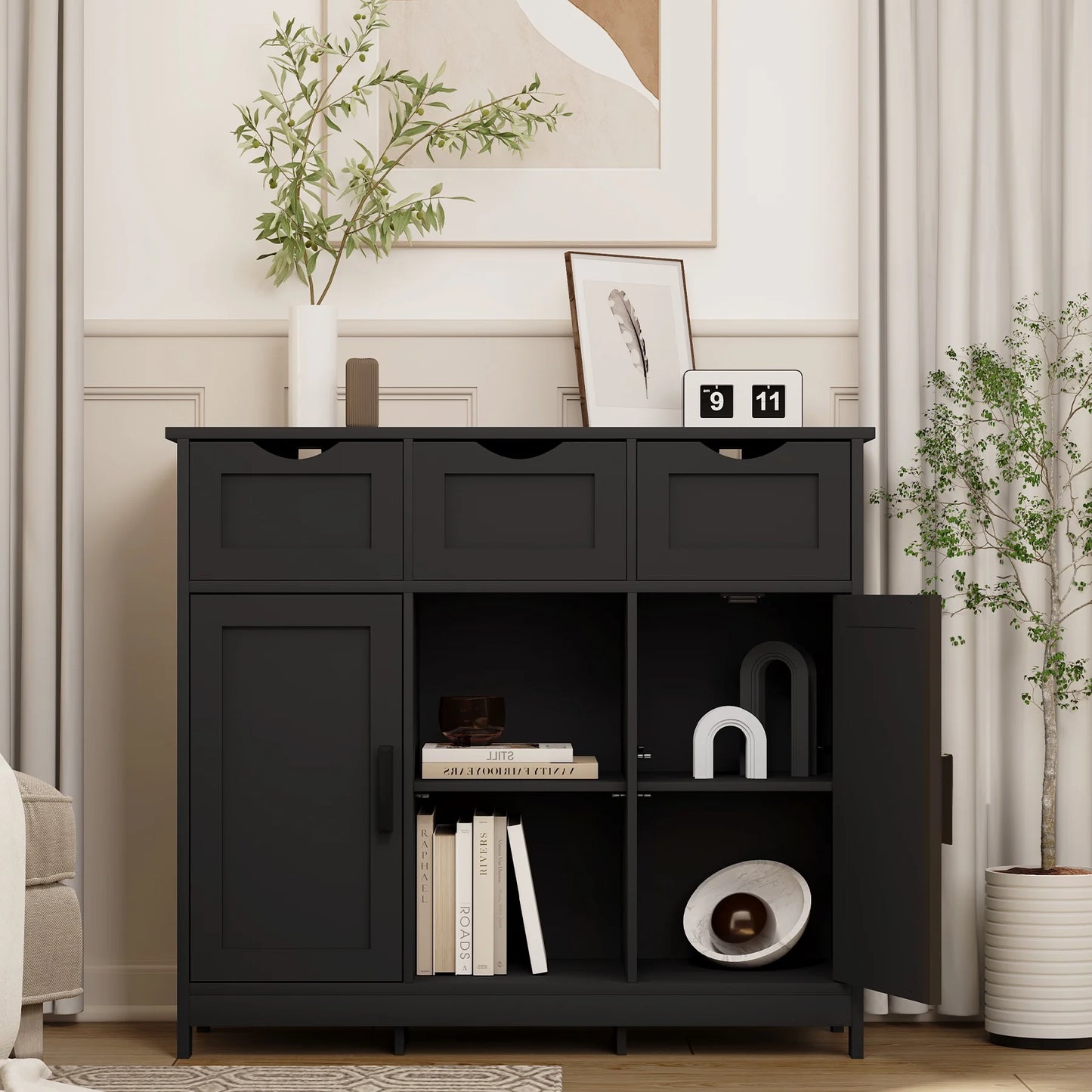 PORKISS White Floor Storage Cabinet, Wood Accent Cabinet with Drawers and Adjustable Shelves Storage, Modern Pantry Cabinet for Kitchen, Bathroom, Living Room