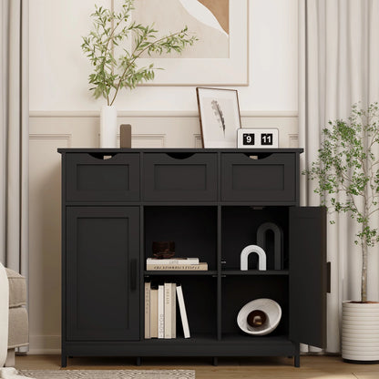 PORKISS White Floor Storage Cabinet, Wood Accent Cabinet with Drawers and Adjustable Shelves Storage, Modern Pantry Cabinet for Kitchen, Bathroom, Living Room