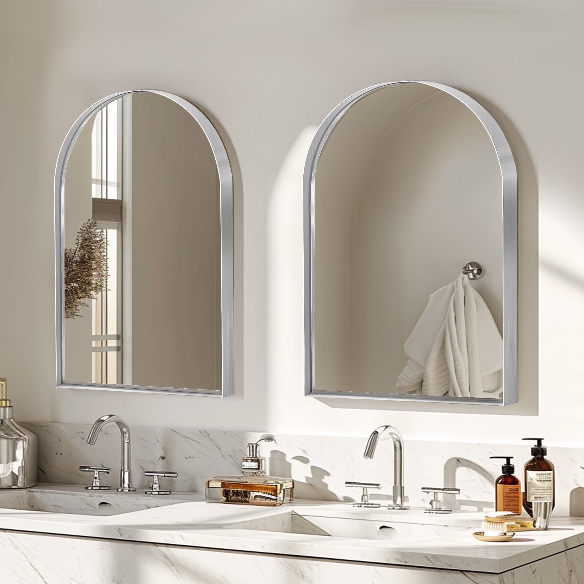 Soges 36" x 24" Arched Bathroom Mirror Cabinet Medicine Cabinet with 2 Adjustable Shelves, Recess or Surface Mounted Installation,,Gold