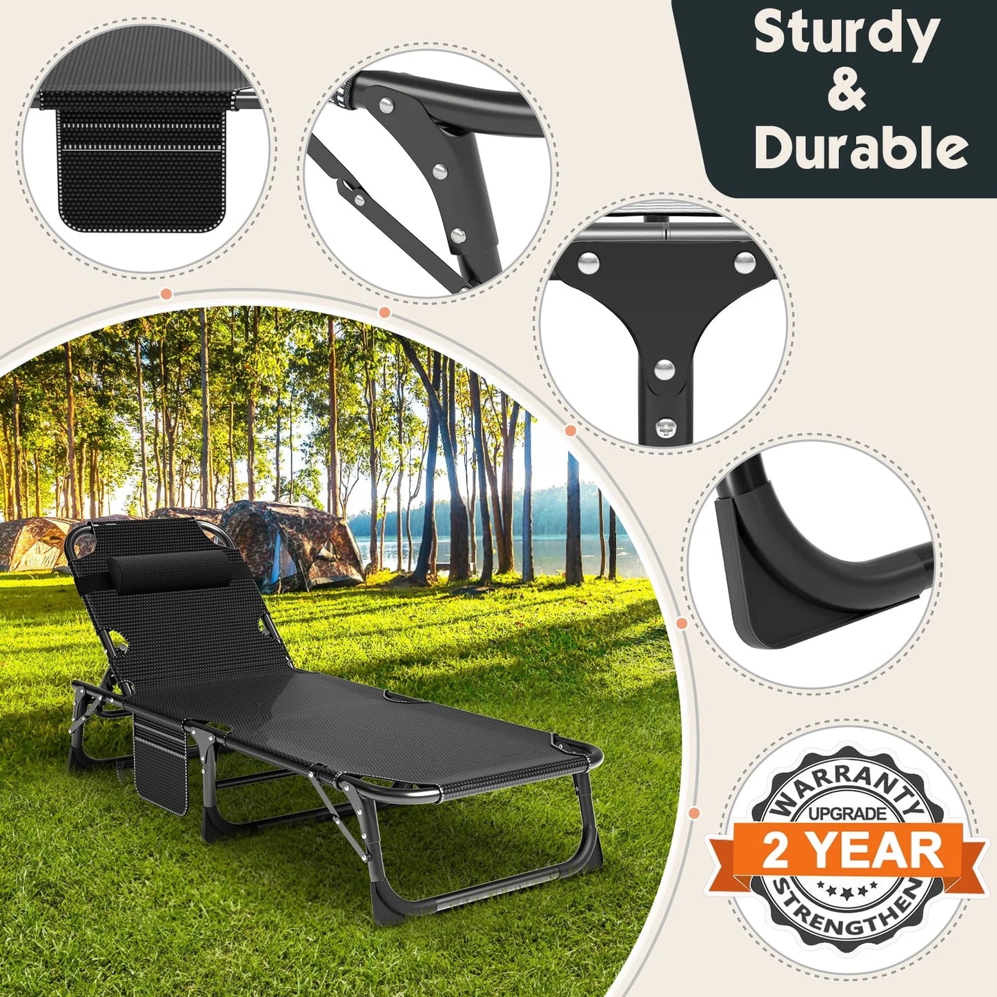 MOPHOTO Adult Camping Cot Adjustable 4-Position Folding Cot, Portable Heavy Duty Sleeping Bed, Outdoor Patio Folding Lounge Chair for Sunbathing