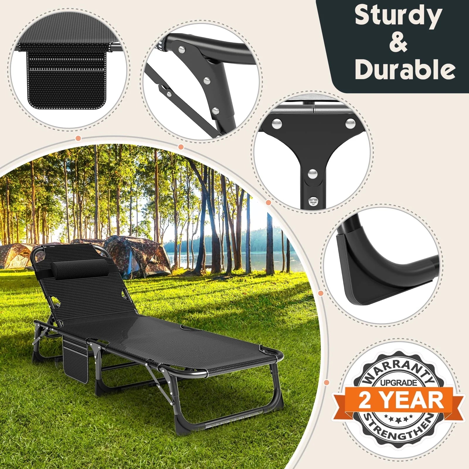 MOPHOTO Adult Camping Cot Adjustable 4-Position Folding Cot, Portable Heavy Duty Sleeping Bed, Outdoor Patio Folding Lounge Chair for Sunbathing