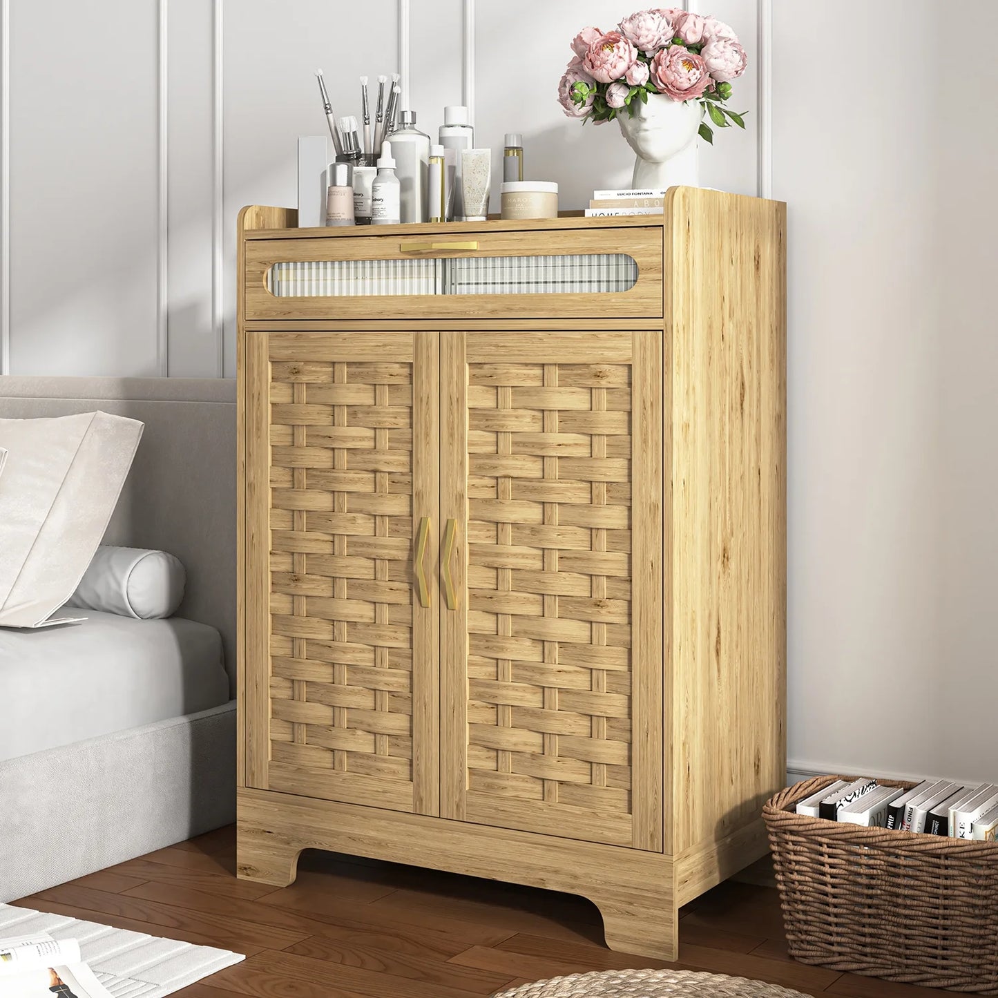 Spaco Coffee Bar Cabinet, Modern Farmhouse Buffet Sideboard with Drawer and Adjustable Shelf, Barn Door Storage Cabinet for Kitchen, Dining Room, Bathroom, Entryway