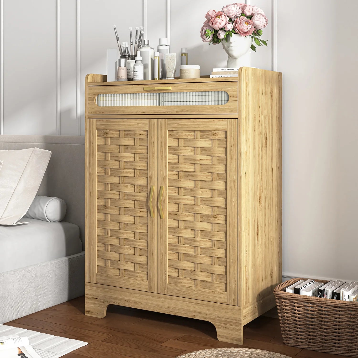 Spaco Coffee Bar Cabinet, Modern Farmhouse Buffet Sideboard with Drawer and Adjustable Shelf, Barn Door Storage Cabinet for Kitchen, Dining Room, Bathroom, Entryway