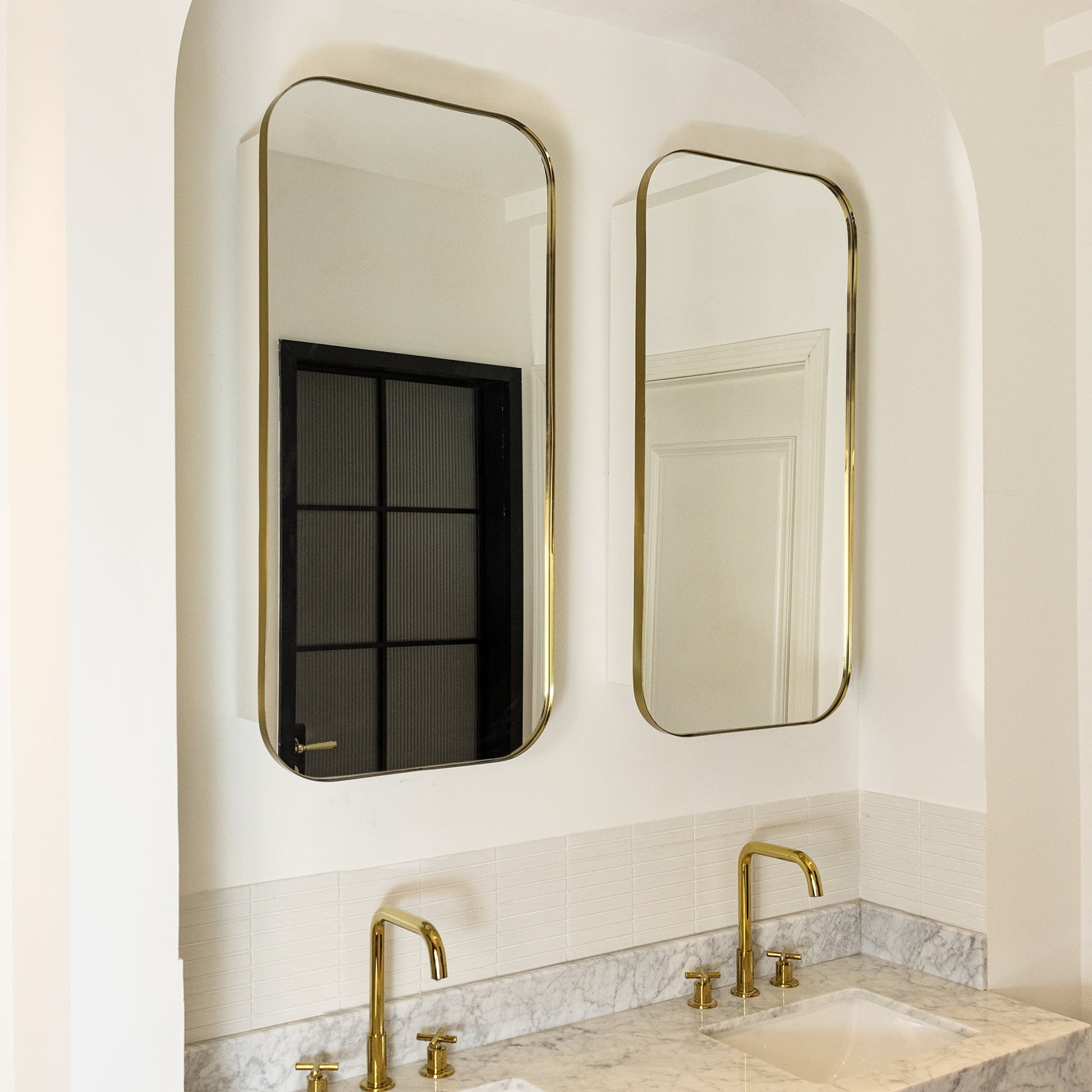 TEHOME Black Rectangle Long Recessed and Surface Mount Stainless Steel Metal Framed Rounded Rectangular Bathroom Cabinet with Mirror 20x40''