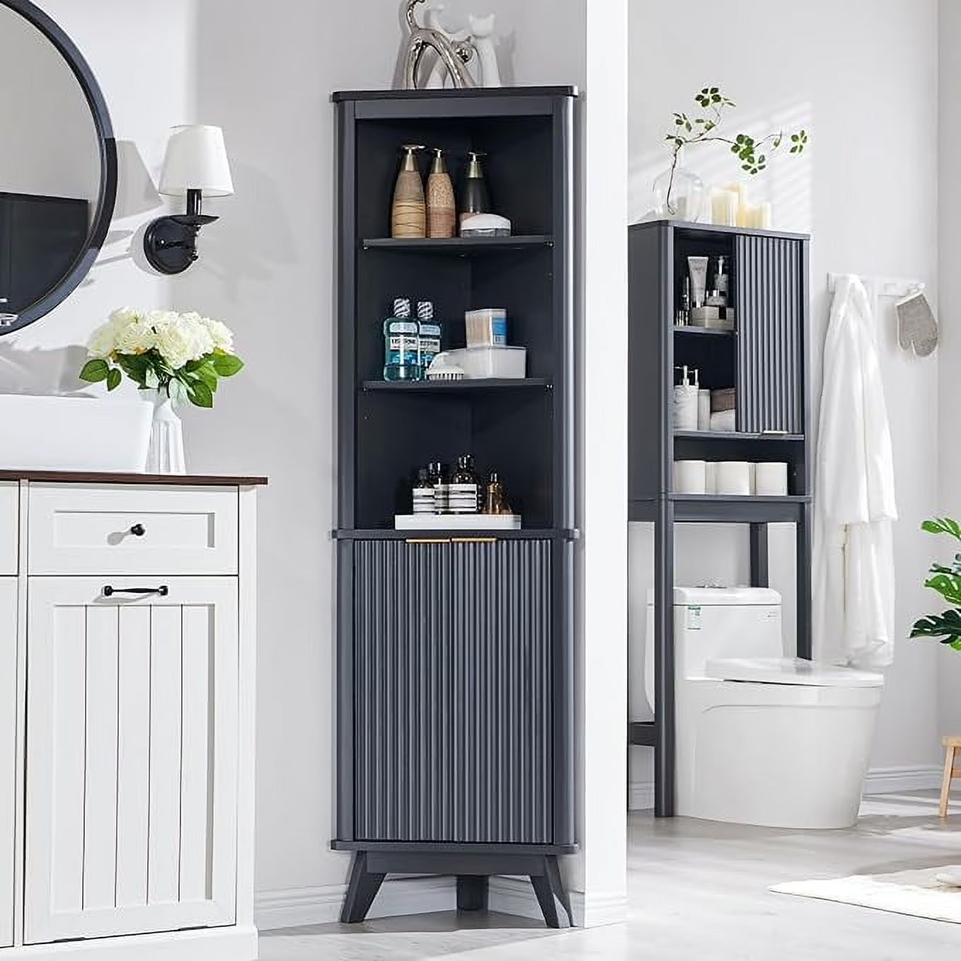 OKD 68" Tall Corner Storage Cabinet with Faux Marble Top and Adjustable Shelves Modern Pantry Curved Profile Bookshelf for Bathroom Kitchen Living Room Dining Room, Off White