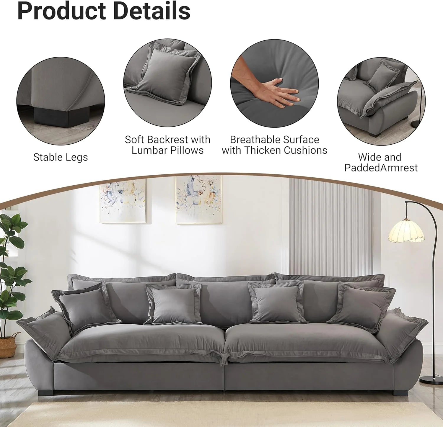 125.98 Inch Sailing Design Modular Sectional Cloud Sofa with Storage, Modern Deep Seat Couch w/Throw Pillows & Removable Backrest for Living Room Bedroom Apartment,Grey