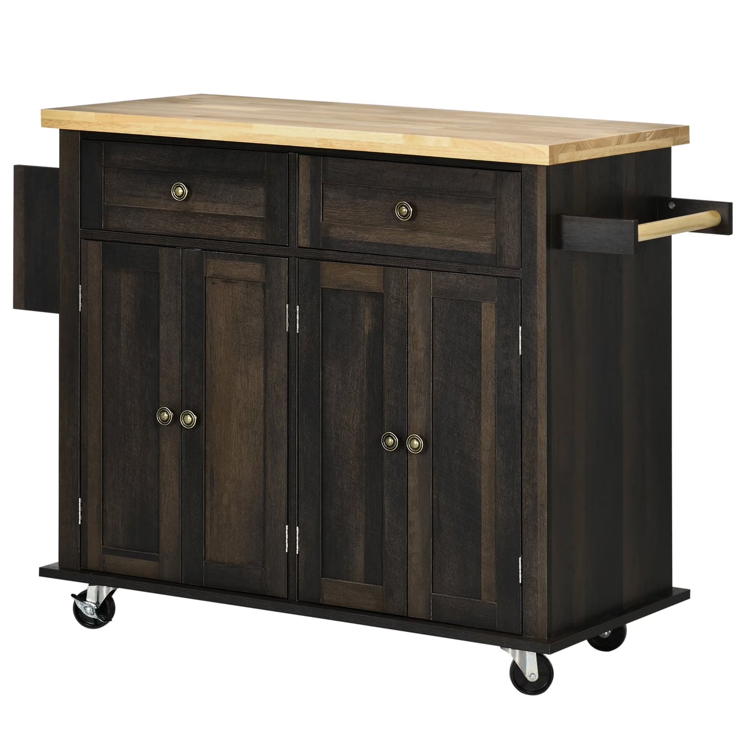 HOMCOM Kitchen Island on Wheels, Rolling Cart with Rubberwood Top, Spice Rack, Towel Rack