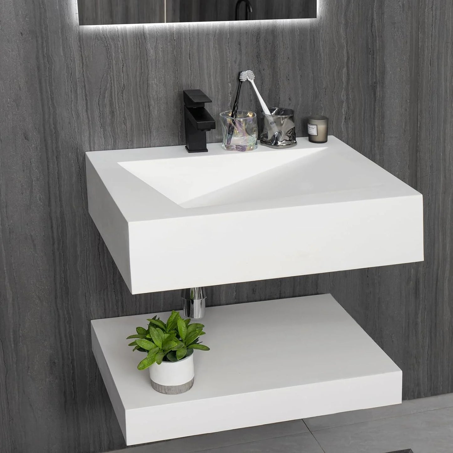 GGISHA 24"x19" Wall-Mount Stone Resin Bathroom Sink Rectangular Vessel Sinks for Bathroom Floating Vanity Sink Trough Modern Art Basin with Shelf Layer