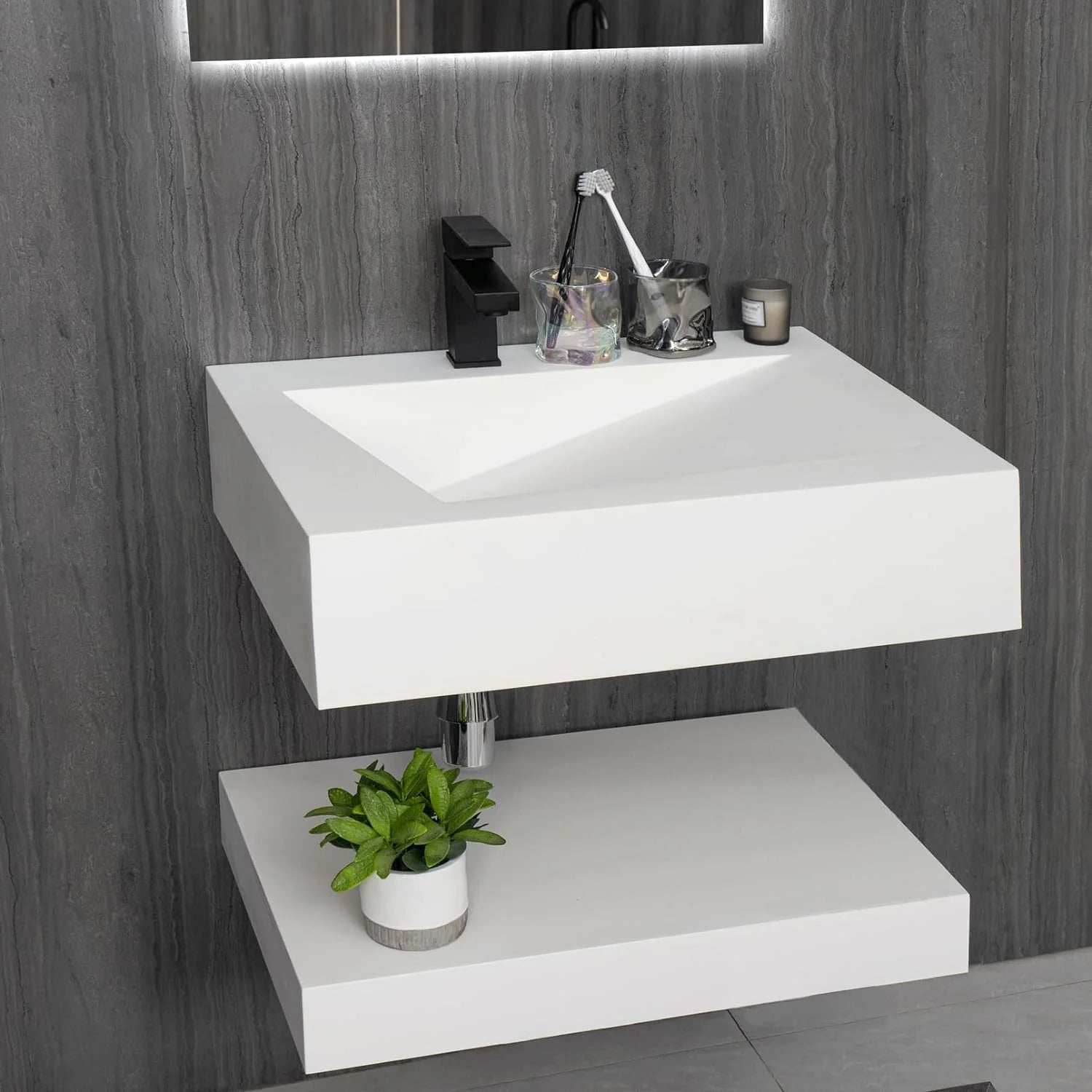 GGISHA 24"x19" Wall-Mount Stone Resin Bathroom Sink Rectangular Vessel Sinks for Bathroom Floating Vanity Sink Trough Modern Art Basin with Shelf Layer