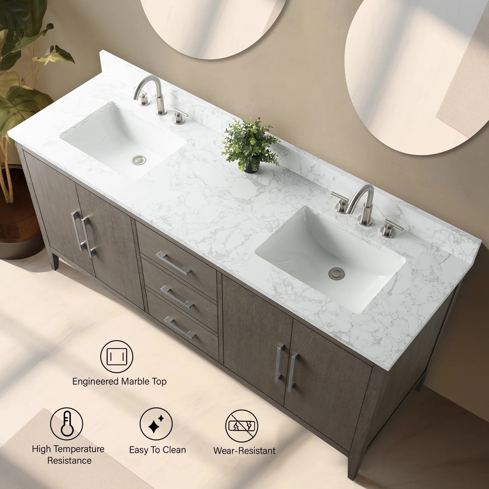 Vanity Art 72° Double Sink Bathroom Vanity Cabinet with Engineered Marble Countertop