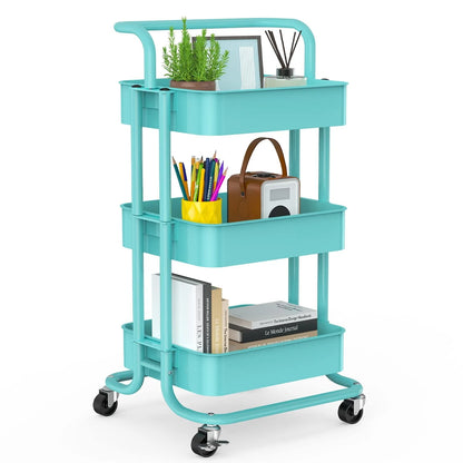 3-Tier Metal Rolling Cart Utility & Storage Cart with Lockable Wheels Kitchen Bathroom Office(White)