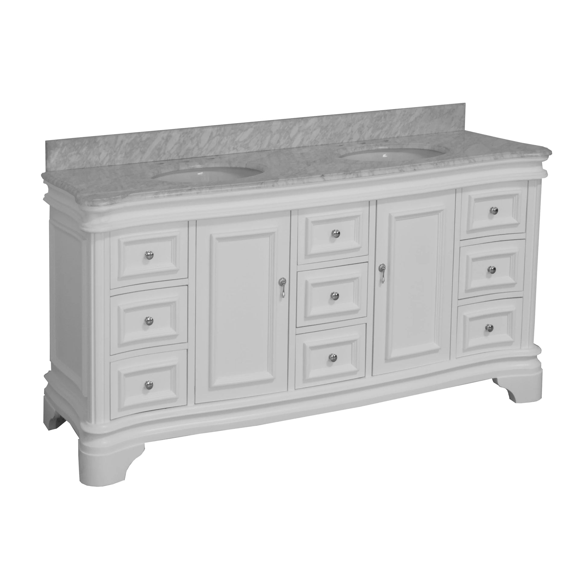 Katherine 72" Double Bathroom Vanity with White Cabinet and Carrara Marble Top