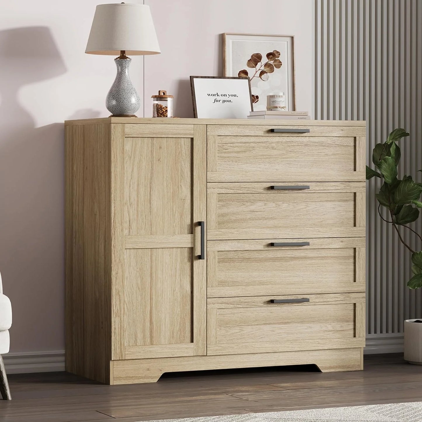 43.3" H Armoire Wardrobe Closet with 4 Drawers & Hanging Rod, Multifunctional Wood Storage Cabinet for Bedroom, Natural Oak