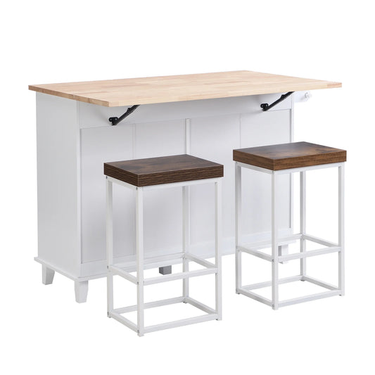 Kitchen Island with Storage, Portable Kitchen Island on Wheels with Drop-Leaf and 2 Stools, Built-in 4 Drawers and Towel Rack, Rolling Kitchen Island Cart for Home, Kitchen and Dining Room, White
