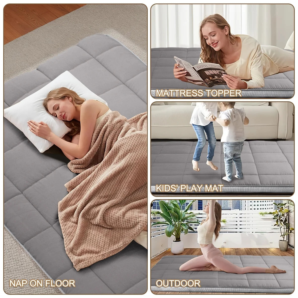 CshidWorld Japanese Floor Mattress, Futon Mattress w/Storage Bag & Washable Cover, Roll up Floor Mattress 4° F Thick Tatami Mattress Quilted Bed Mattress Topper for Dorm, Guest Room, Gray, Queen