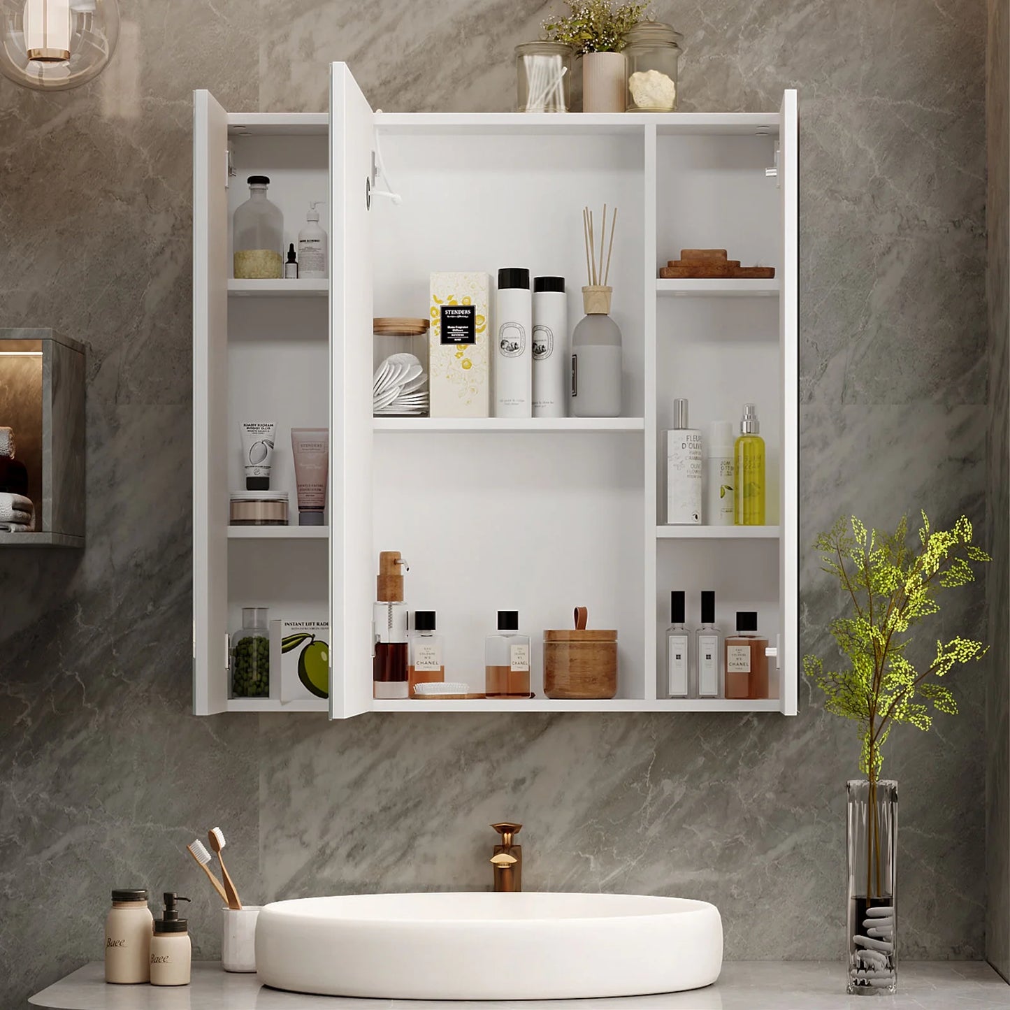 Led Medicine Cabinets for Bathroom with Mirror Lighted Mirror Cabinet with Defogger Surface Mount Bathroom Vanity Medicine Cabinet with Storage 23.7X 25.6Inch