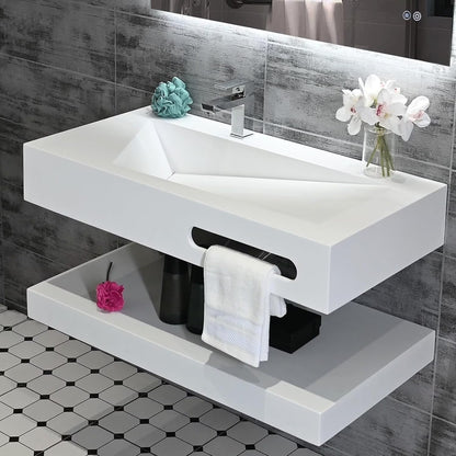GGISHA 24"x19" Wall-Mount Stone Resin Bathroom Sink Rectangular Vessel Sinks for Bathroom Floating Vanity Sink Trough Modern Art Basin with Shelf Layer