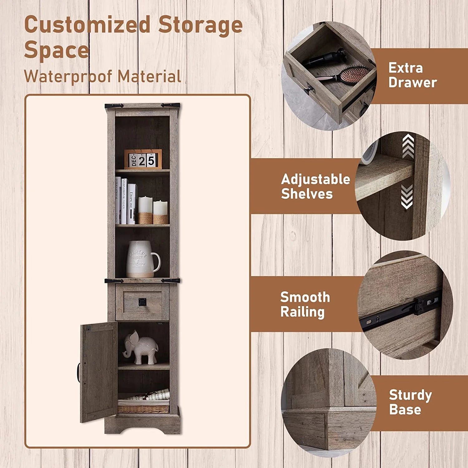 OKD Farmhouse Bathroom Organizers and Storage, Narrow Tall Cabinet Storage Tower with Door and Drawer, Light Rustic Oak