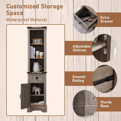 OKD Farmhouse Bathroom Organizers and Storage, Narrow Tall Cabinet Storage Tower with Door and Drawer, Light Rustic Oak