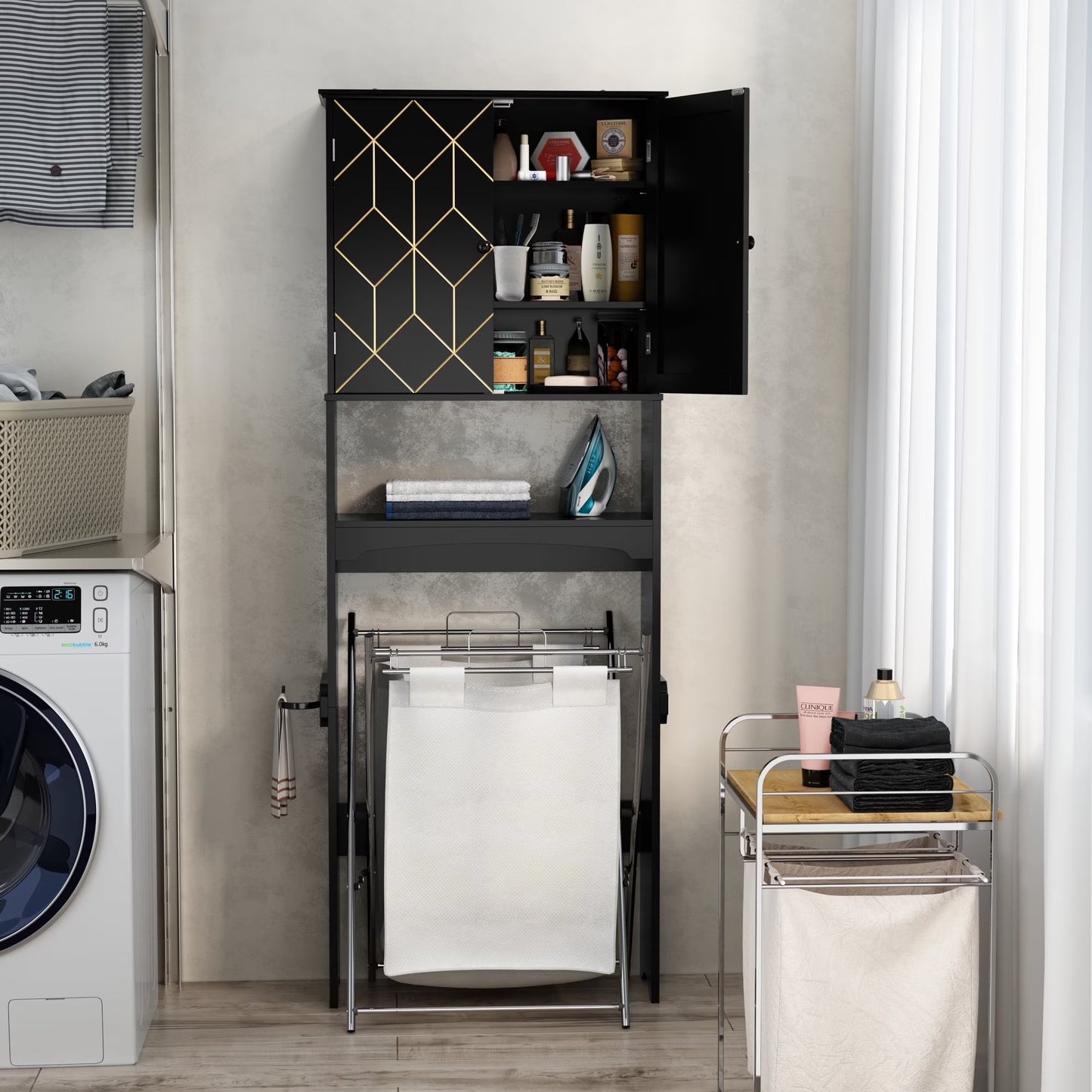 HLR Over The Toilet Storage Cabinet, Bathroom Above Toilet Storage Cabinet with Doors and Adjustable Shelves, Black