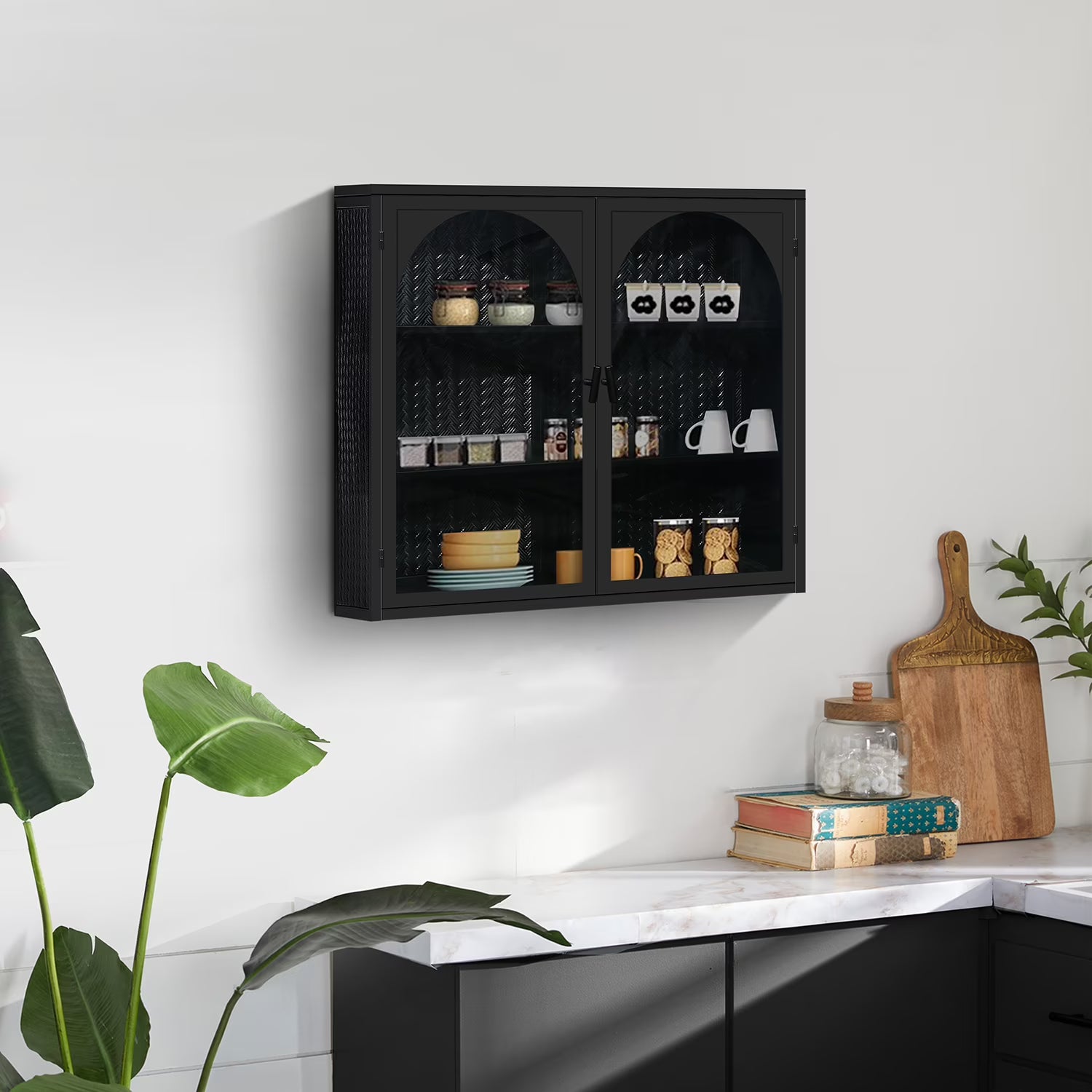 Royard Oaktree Metal Wall Cabinet with Glass Doors 3-Tier Wall Mounted Storage Cabinet with Detachable Shelves Modern Medicine Cabinet for Kitchen Bathroom Living Room, Mint Green