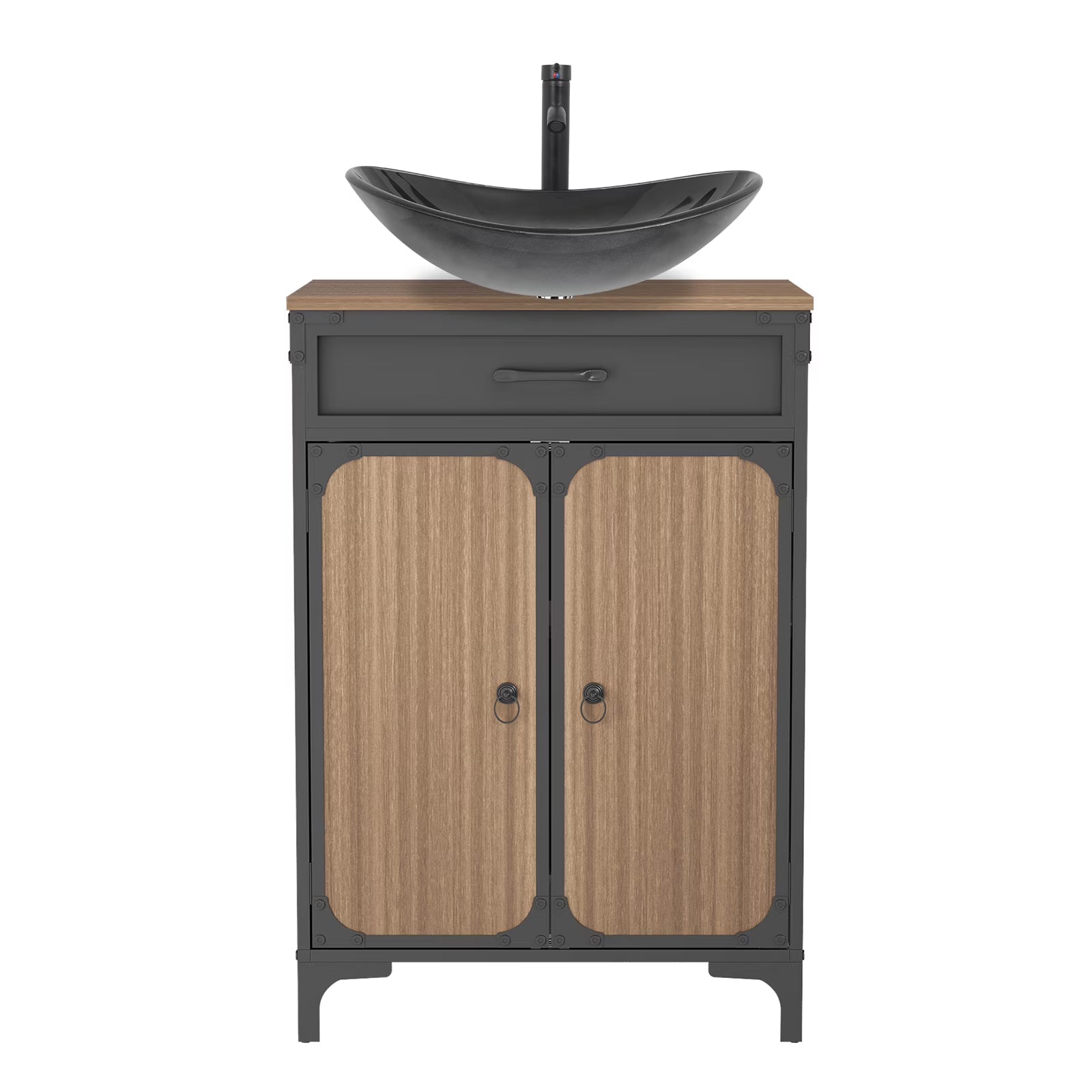 PULUOMIS Bathroom Vanity, 30" Bathroom Vanity with Sink Combo Set, Brown Modern Wood Bathroom Cabinet with Black Ceramic Bathroom Sink