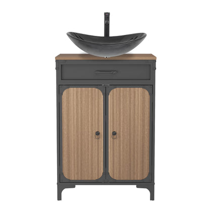 PULUOMIS Bathroom Vanity, 30" Bathroom Vanity with Sink Combo Set, Brown Modern Wood Bathroom Cabinet with Black Ceramic Bathroom Sink