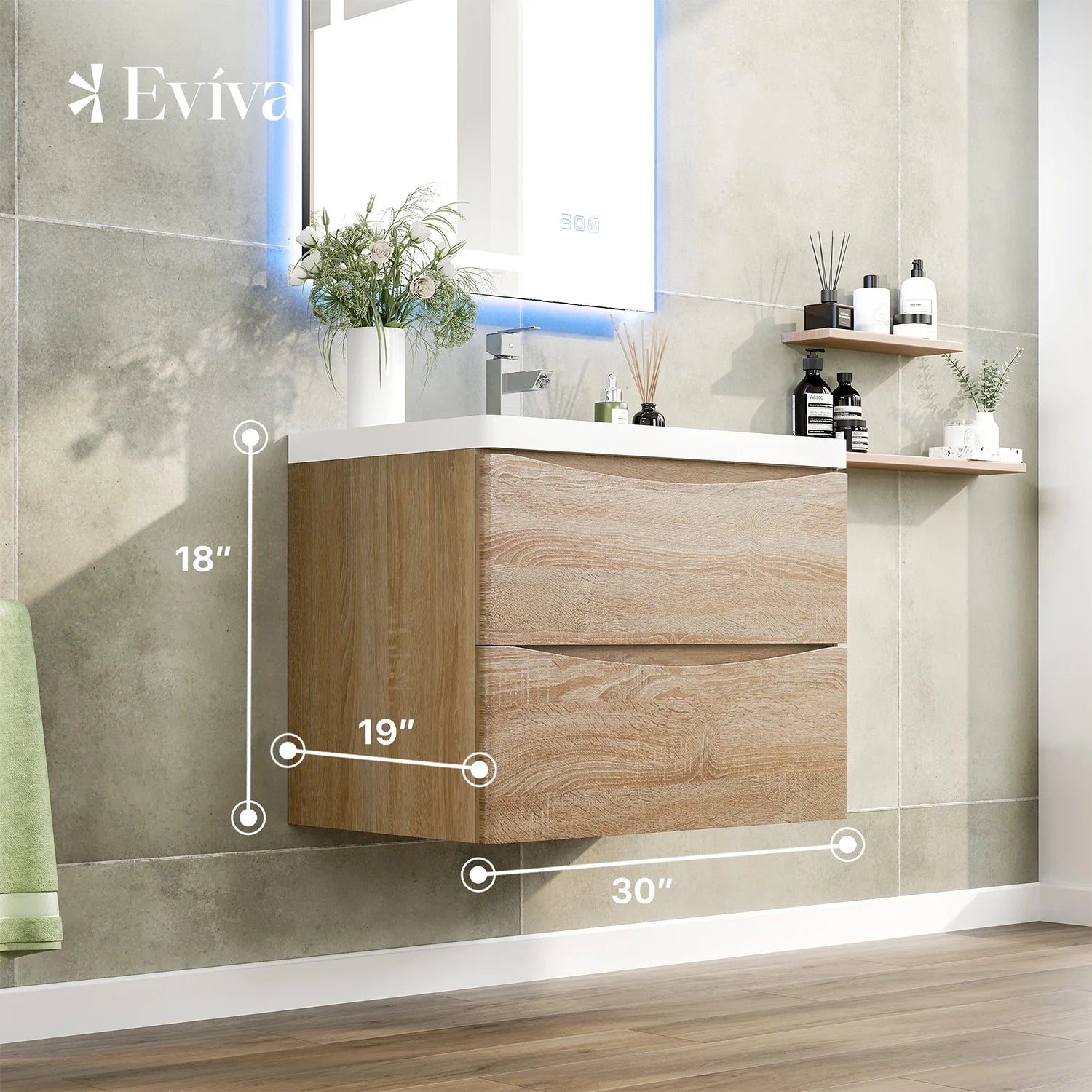 Eviva Smile 30" White Oak Wall Mount Modern Bathroom Vanity w/White Integrated Top