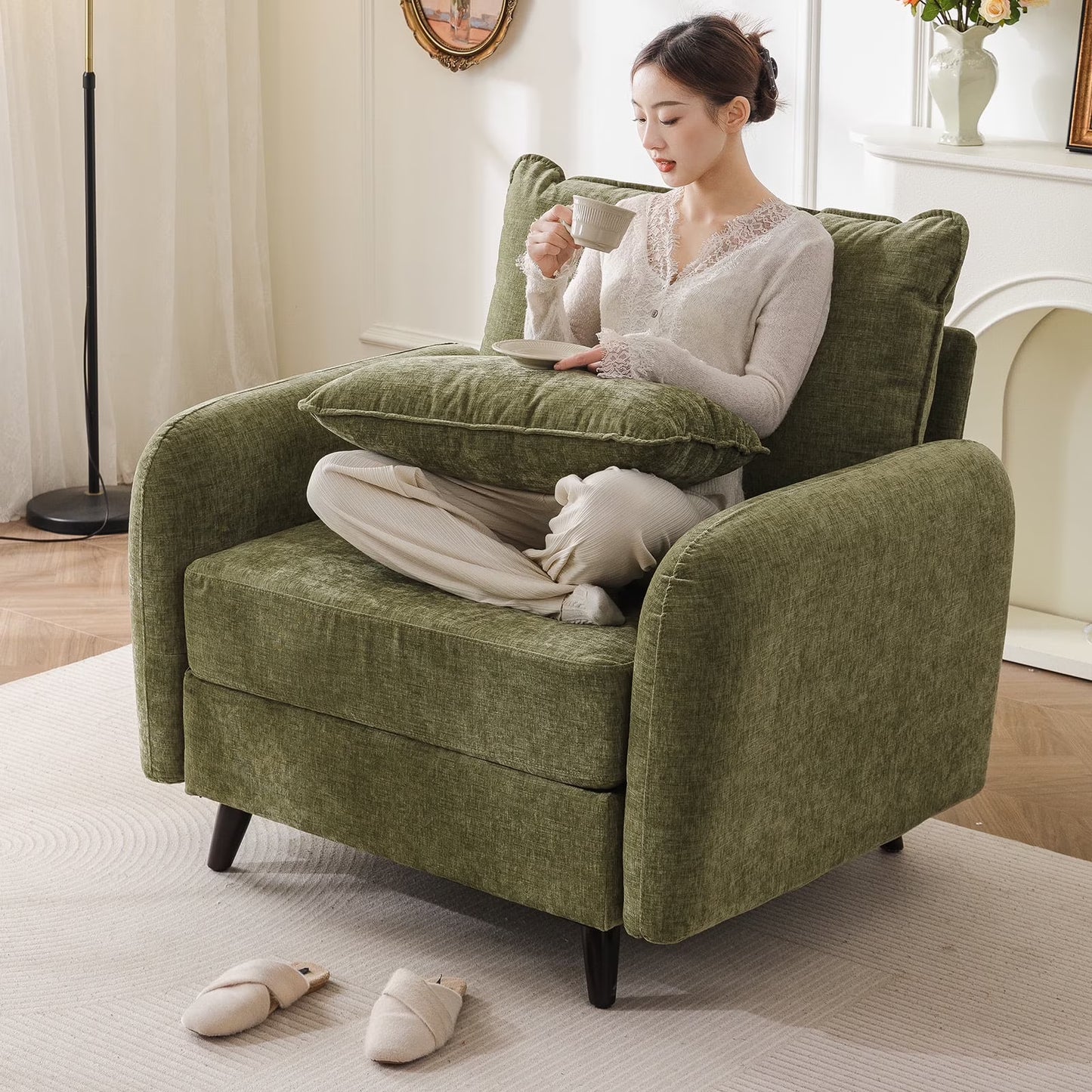 Rexulqo Oversized Accent Chair with All Seats Storage,Comfy Living Room Chairs with 2 Throw Pillow,Upholstered Mid-Century Armchair,24.5'' Deep Seat,Reading Chair For Bedroom ,Office,Chenille,Green