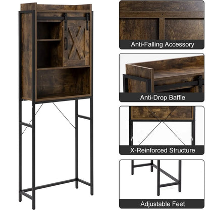 PWFE Farmhouse Over Toilet Bathroom Organizer, Freestanding Over The Toilet Storage Cabinet with Sliding Barn Door, Bathroom Space Saver Toilet Stands(Tan with metal frame)