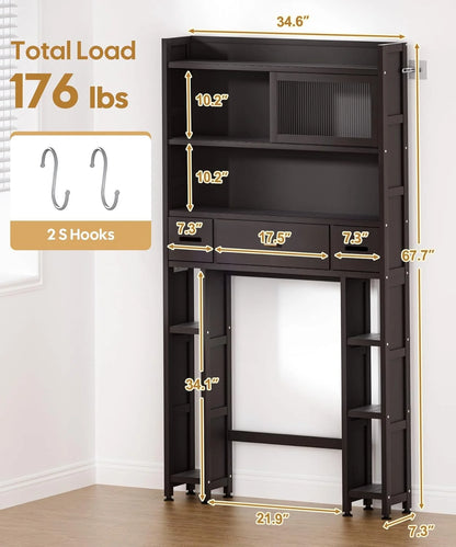 Over The Toilet Storage Cabinet with Acrylic Sliding Door Panel, Bamboo Organizer Shelf with 2 Paper Drawers and 1 Big Drawer,Space Saver Rack for Bathroom (White)