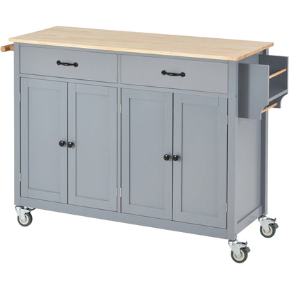 Harper & Bright Designs Rolling Kitchen Island Cart with Solid Wood Top and Locking Wheels, 4 Door, Storage Cabinet and Two DrawersSpice Towel Rack, Blue