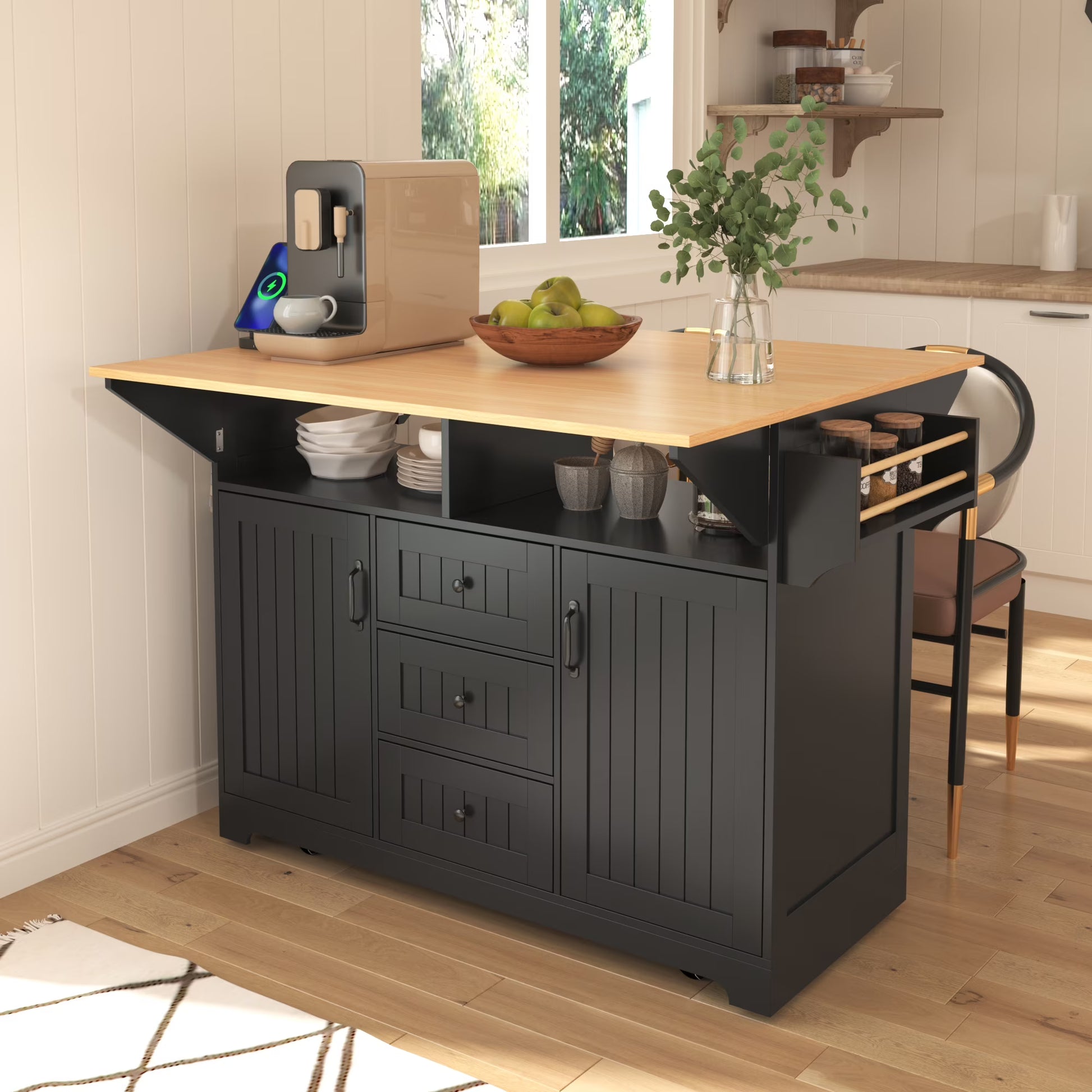 Yoneston 55.7" Kitchen Island with Drop Leaf and Power Outlet, Rolling Kitchen Cart with Spice Towel Rack, Folding Storage Dining Table with 3 Drawers 2 Doors for Kitchen Dining Room, White