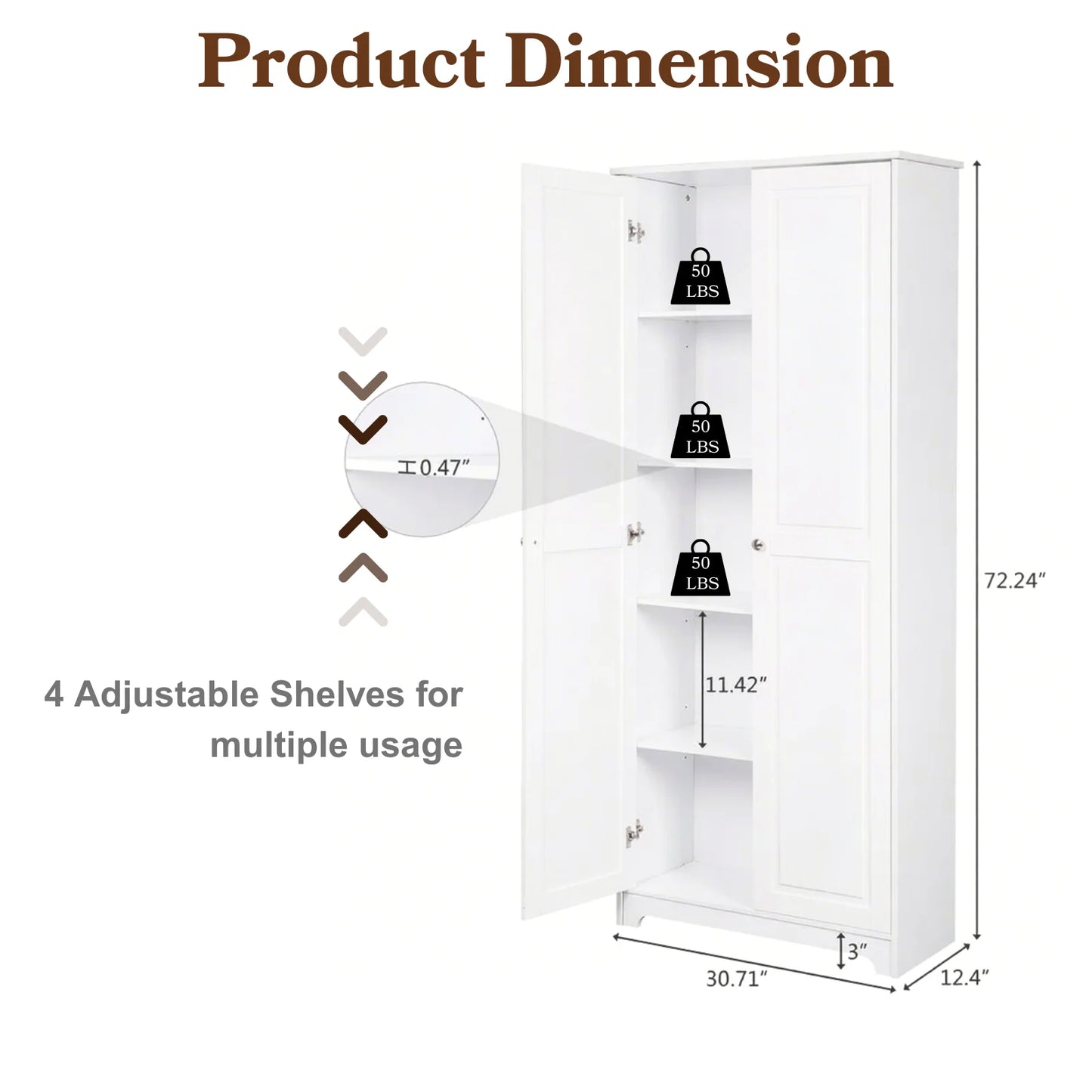 UBesGoo 72" Traditional Freestanding Kitchen Pantry Cabinet Wardrobe Armoire with 4 Adjustable Shelves, White