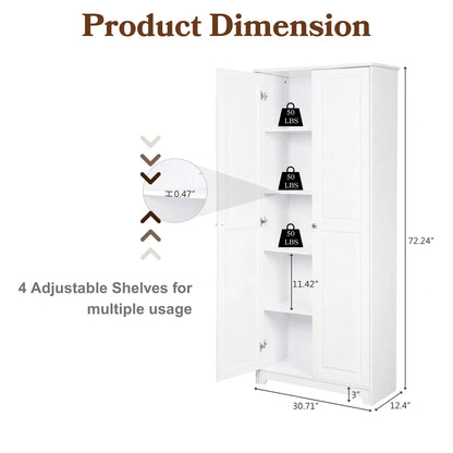 UBesGoo 72" Traditional Freestanding Kitchen Pantry Cabinet Wardrobe Armoire with 4 Adjustable Shelves, White