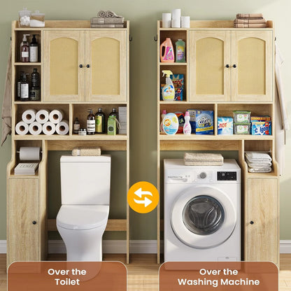 Over The Toilet Storage Cabinet with 3 Doors, Farmhouse Space Saver for Bathroom Organizer with Paper Holder, 10 Shelves and Hooks, 7-Tier Over Washing Machine Cabinet for Laundry, Bathroom, Natural