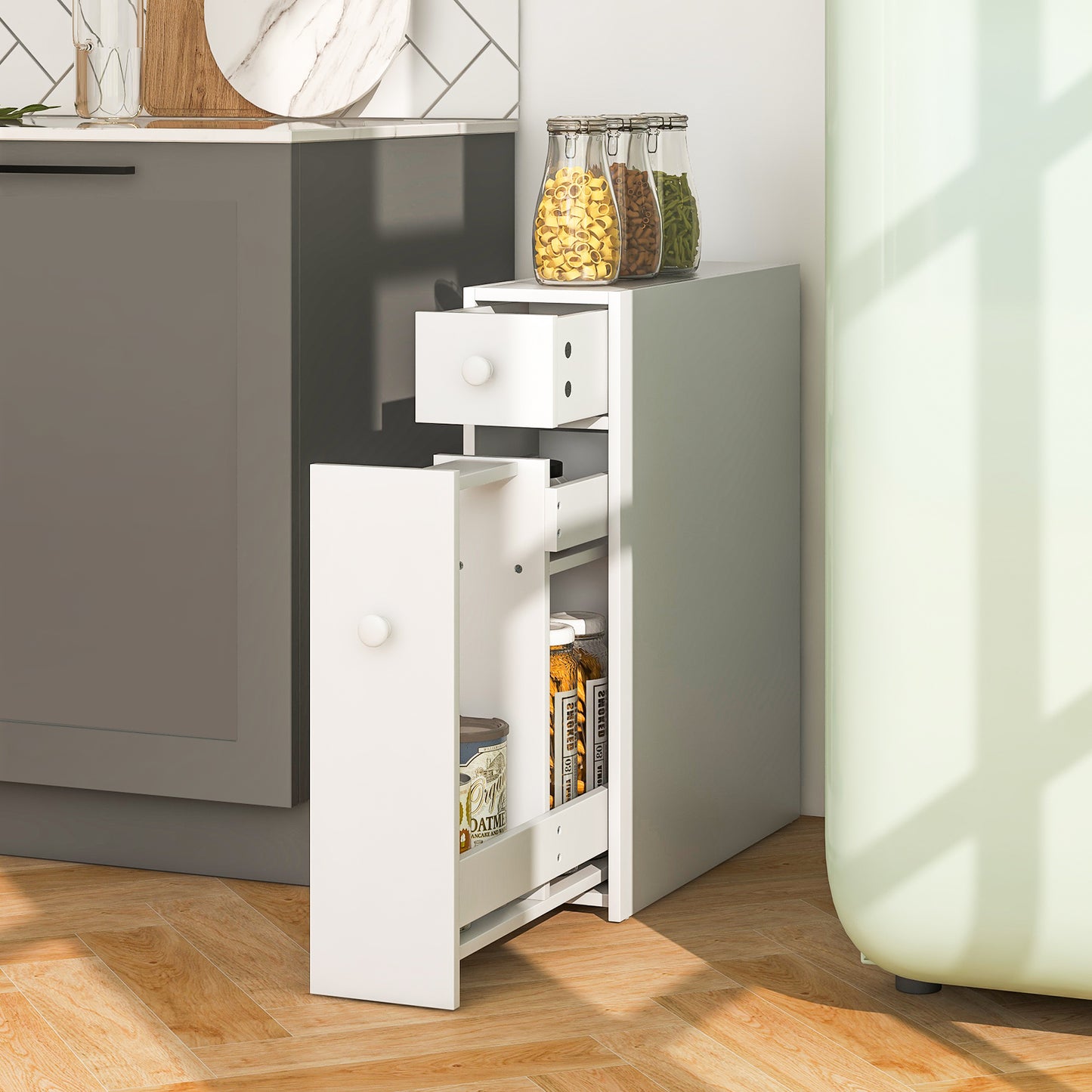 Topbuy Slim Bathroom Storage Cabinet Freestanding Toilet Paper Holder with Slide Out Drawers for Small Spaces White